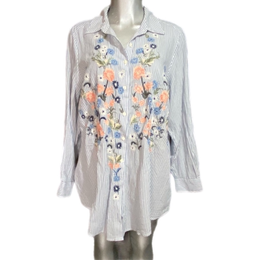 Style & Co Stripe Floral Embroidered Button-Up Shirt Cotton Plus Sz 1X Fairycore